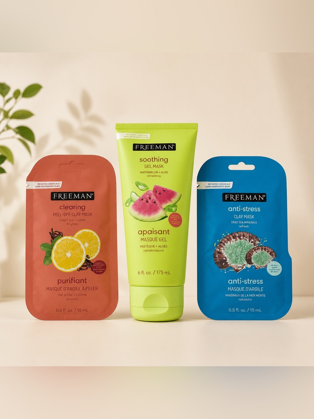 Freeman Face Mask Bundle Watermelon Gel Anti-Stress Clay & Peel Masks